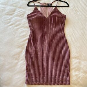 TCEC Pink velvet Ribbed Mini Dress Spaghetti Strap V-Neck